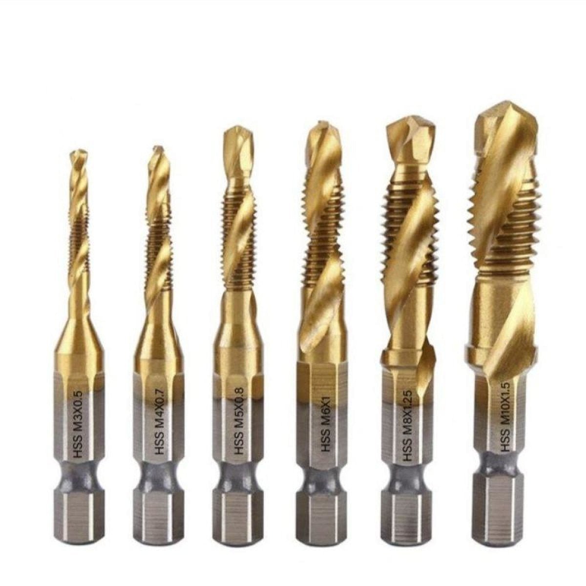 6pcs Set Titanium Plated Hex Shank HSS Screw Thread Metric Tap Drill Bits Screw Machine Compound M3 M4 M5 M6 M8 M10 Tool - - Asia Sell