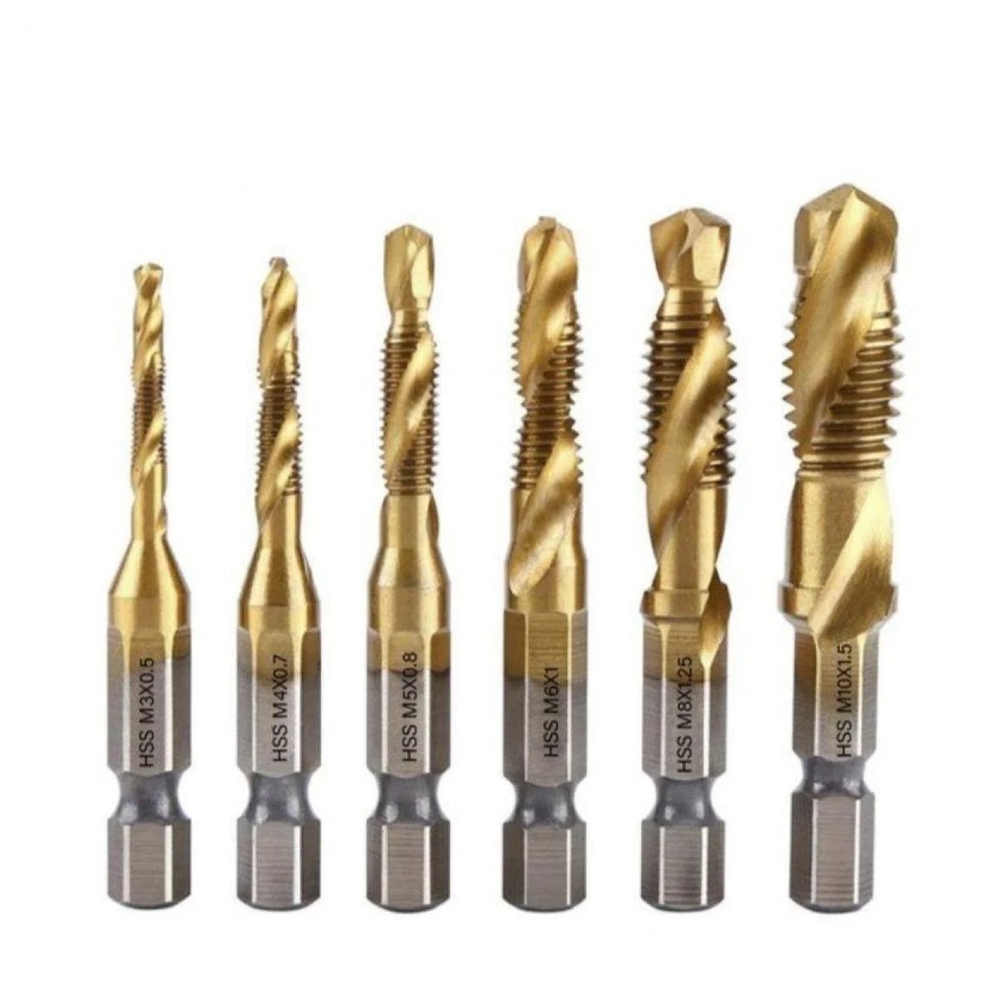 6pcs Set Titanium Plated Hex Shank HSS Screw Thread Metric Tap Drill Bits Screw Machine Compound M3 M4 M5 M6 M8 M10 Tool - - Asia Sell