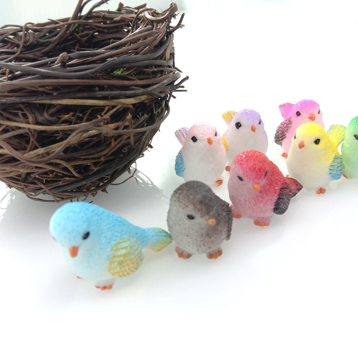 8 Birds in a Nest Resin Parrot Bird Nest Figurine Animal Model Home Decorations Miniature Fairy Garden Bonsai Modern Craft Decor - 8pcs + Nest - Asia Sell