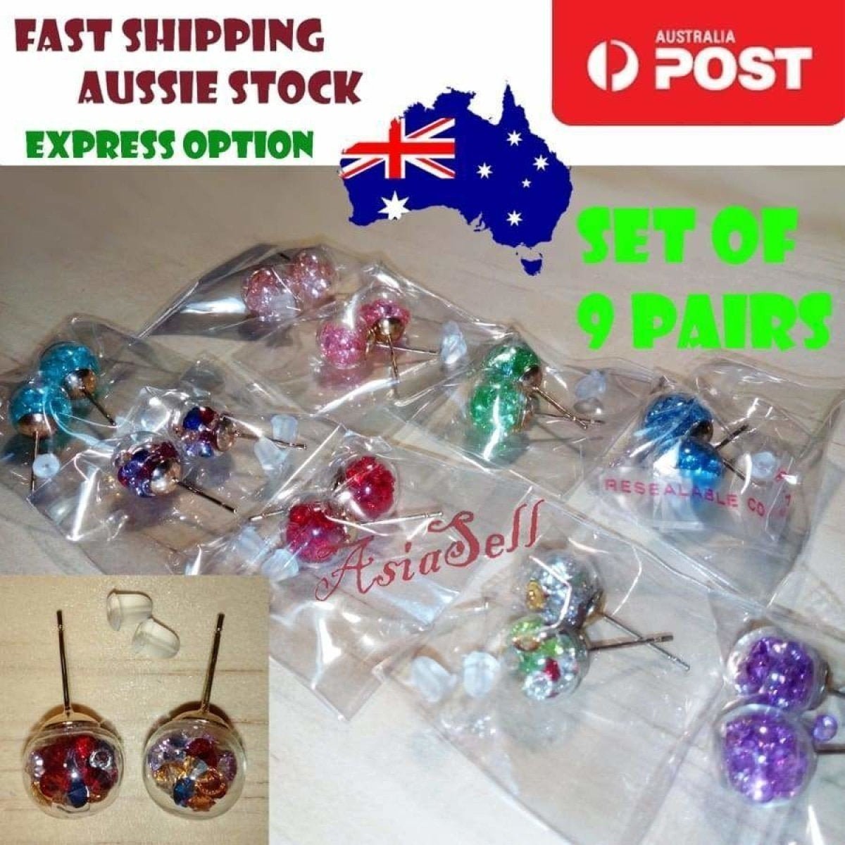 9 Pairs 10mm Multicolour Glass Crystal Stud Earring Stars Single Pearl Earrings - - Asia Sell