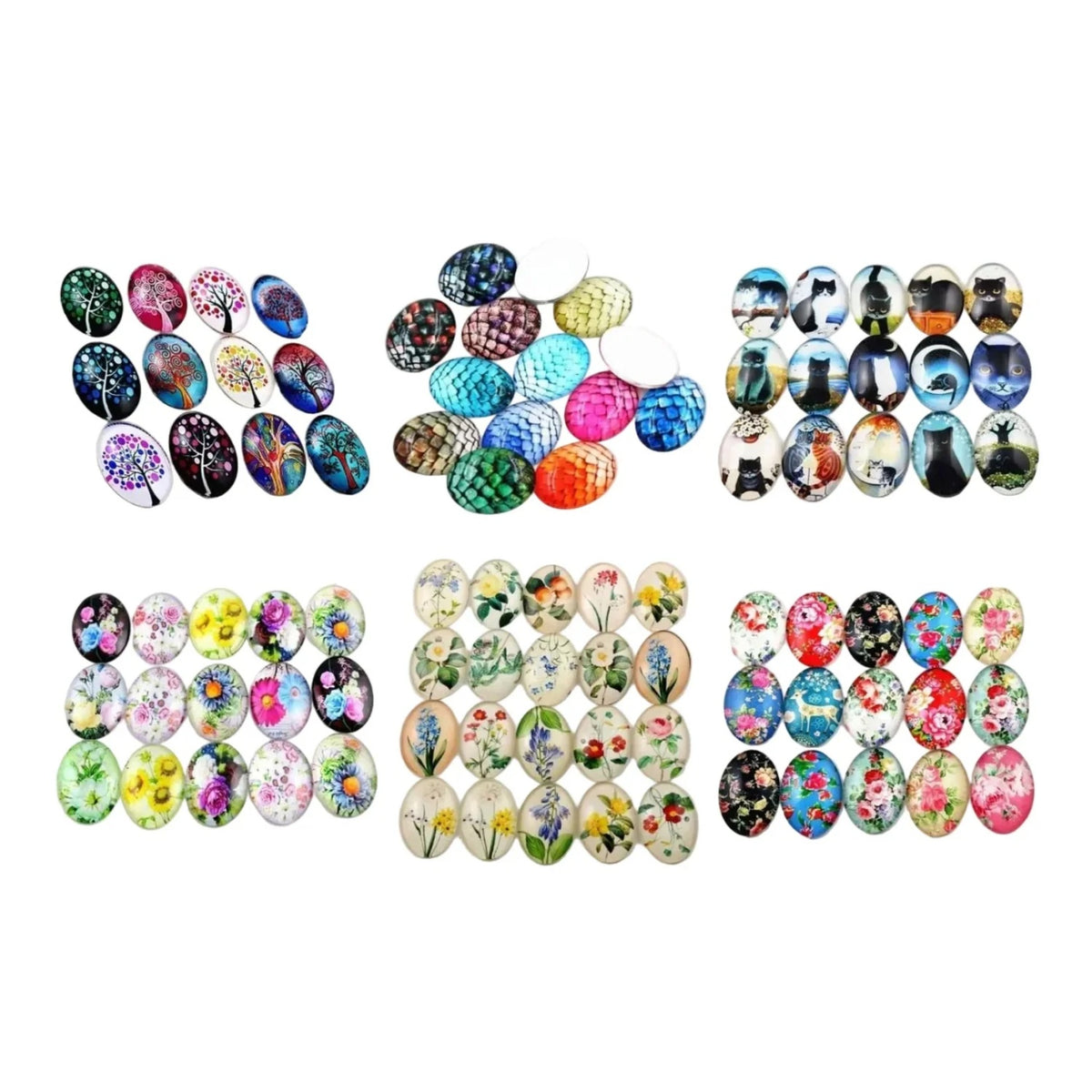 10x Glass Cabochons Flower Tree Life Handmade Oval Shape 18x25mm Jewellery Set C