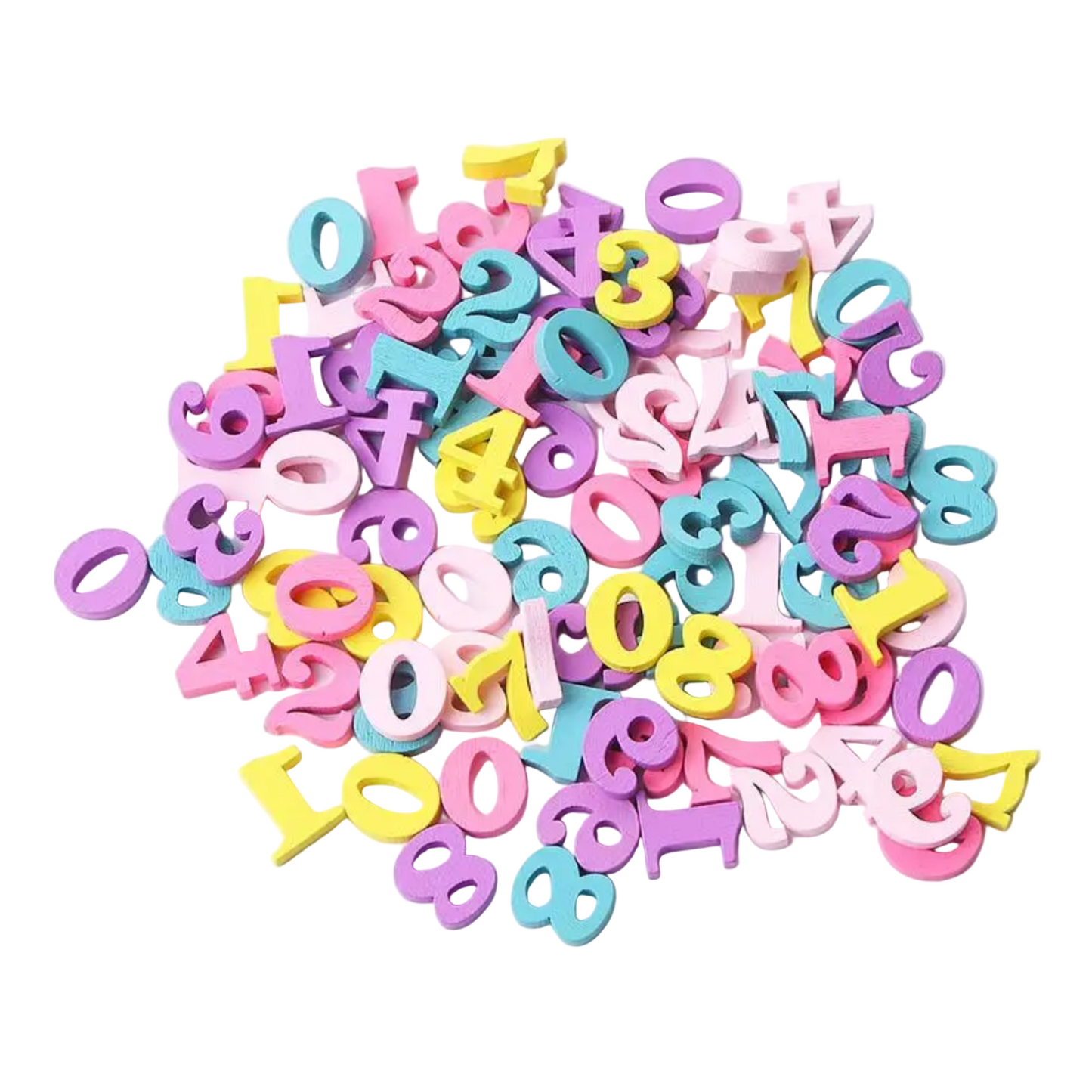 Pastel-coloured wooden numbers scattered on a white background.