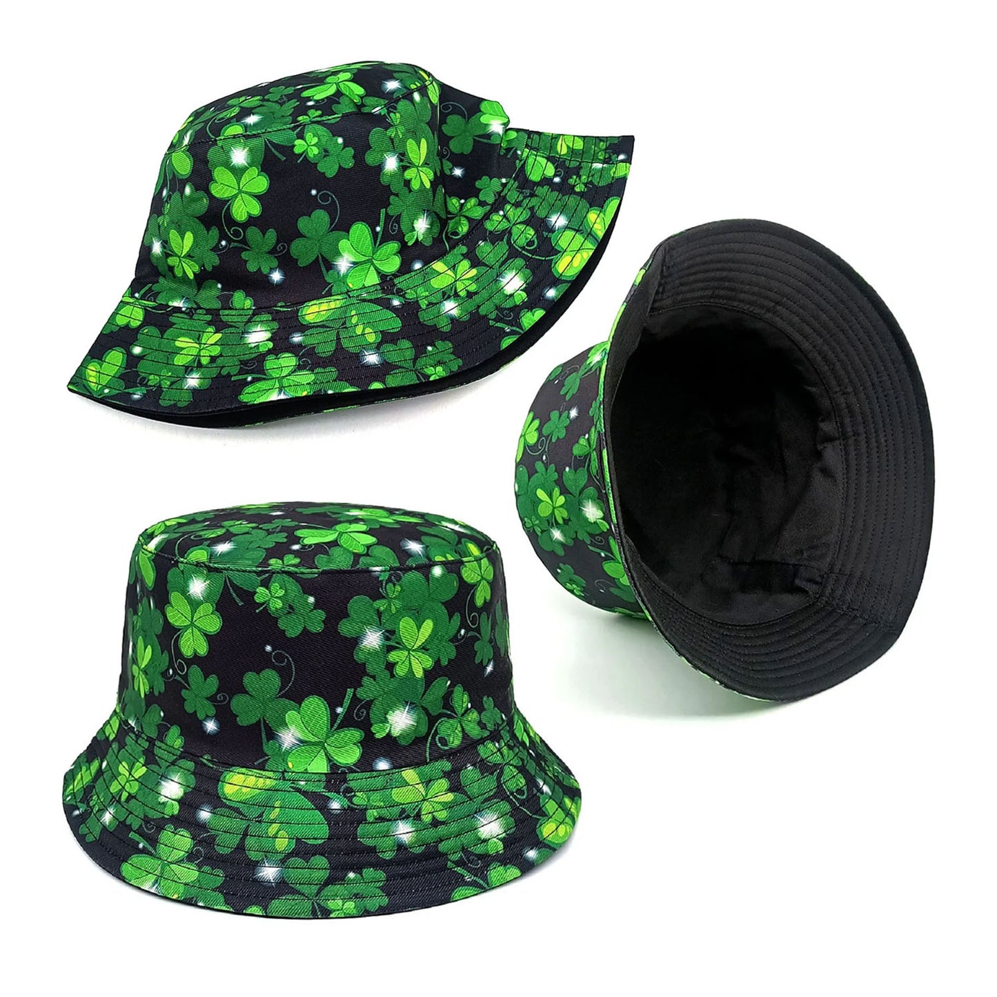 Bright Green Clover Patterened Double Sided Bucket Hat Travel Sun Hat Bowl Hat for Men Women | Asia Sell