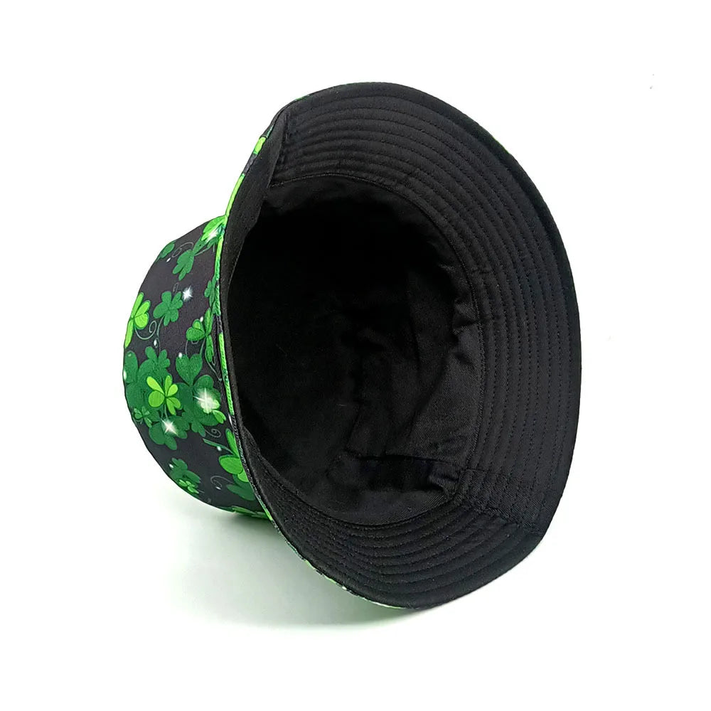 Flower Clover Patterened Double Sided Bucket Hat Travel Sun Hat Bowl Hat for Men Women