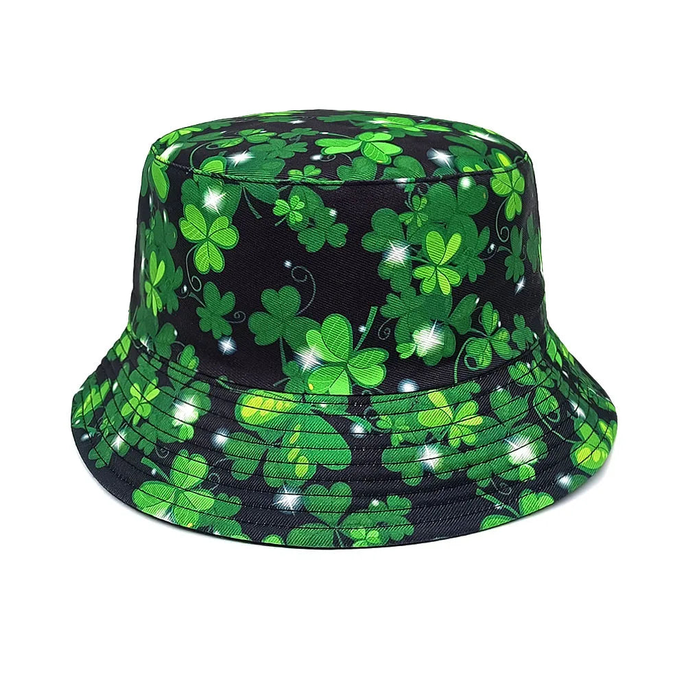 Flower Clover Patterened Double Sided Bucket Hat Travel Sun Hat Bowl Hat for Men Women
