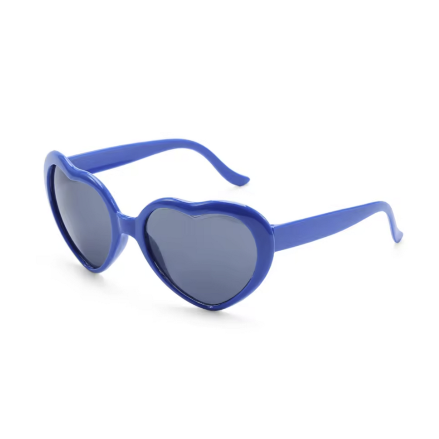 Heart-shaped blue novelty sunglasses with dark lenses that make a Heart-Shaped rainbows in the surrounding light as you look through them
