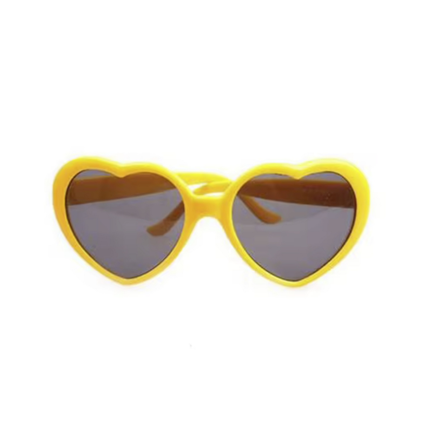 Heart-shaped yellow novelty sunglasses with dark lenses that make a Heart-Shaped rainbows in the surrounding light as you look through them