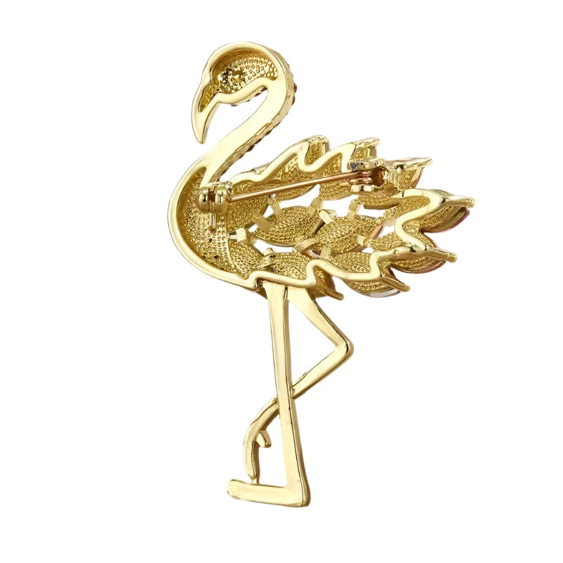 Inlaid Rhinestone Pink Flamingo Bird Brooches Pin Backed For Women Unisex Metal Brooch 55mm Back View | Asia Sell
