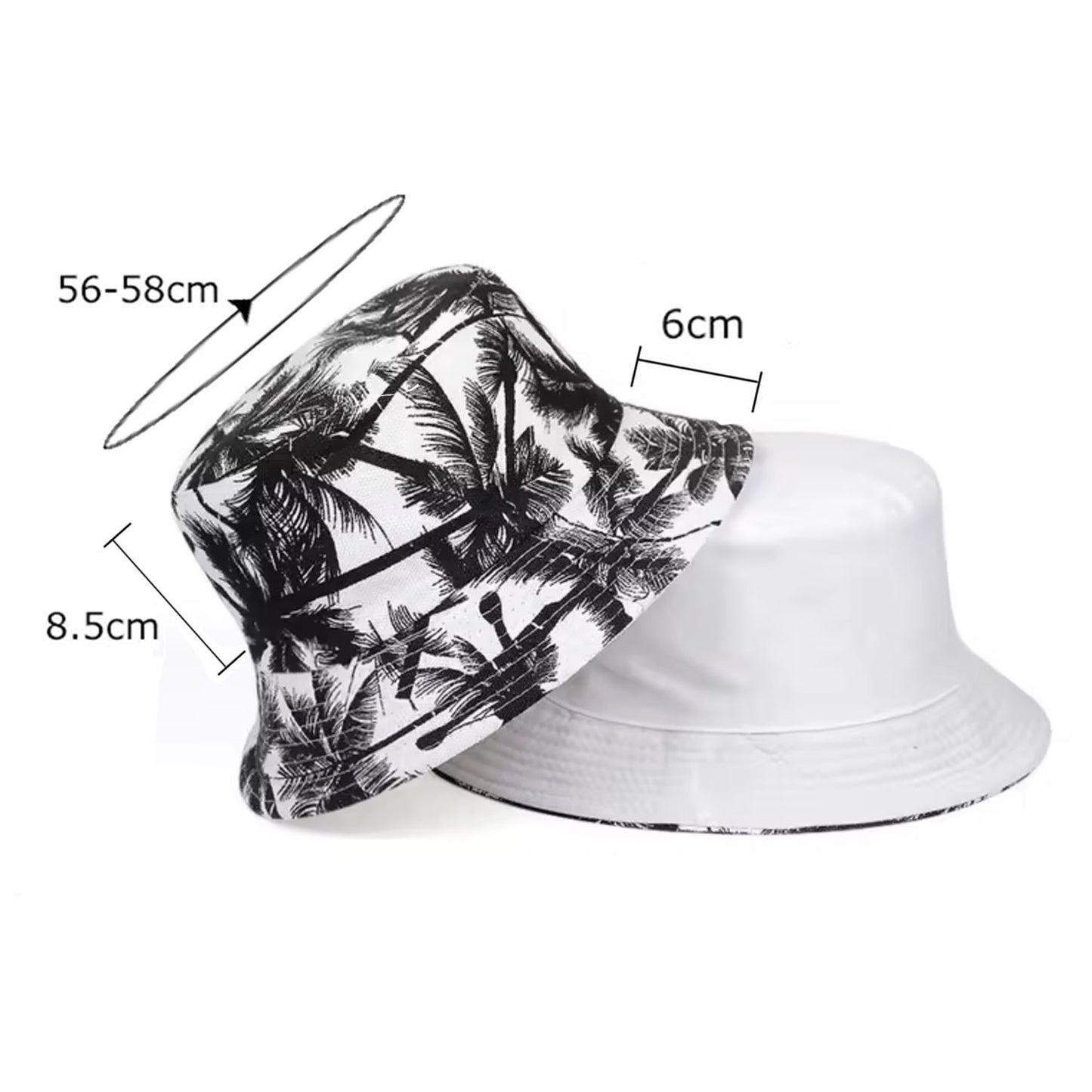 Palm Tree Patterened Double Sided Bucket Hat Island Style Travel Sun Hat for Men Women | Dimensions | Asia Sell