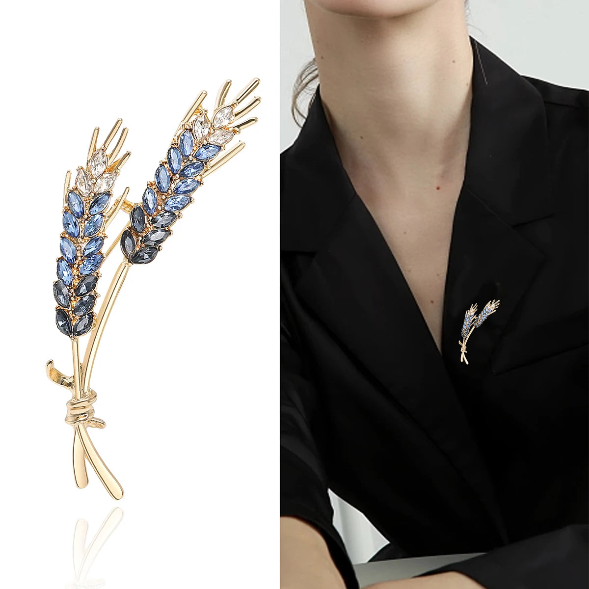 Rhinestone Ear of Wheat Brooches Plant Pin Backing for Clothing Yellow Blue
