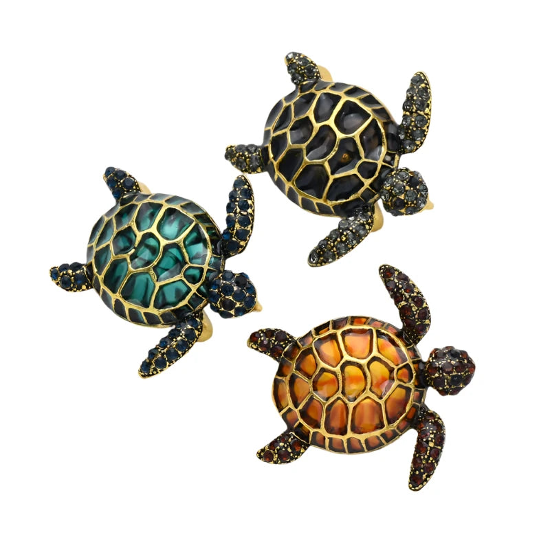 Enamel Turtle Brooch Classic Rhinestone Sea Turtles Pin Backing Blue Yellow Black for Clothing