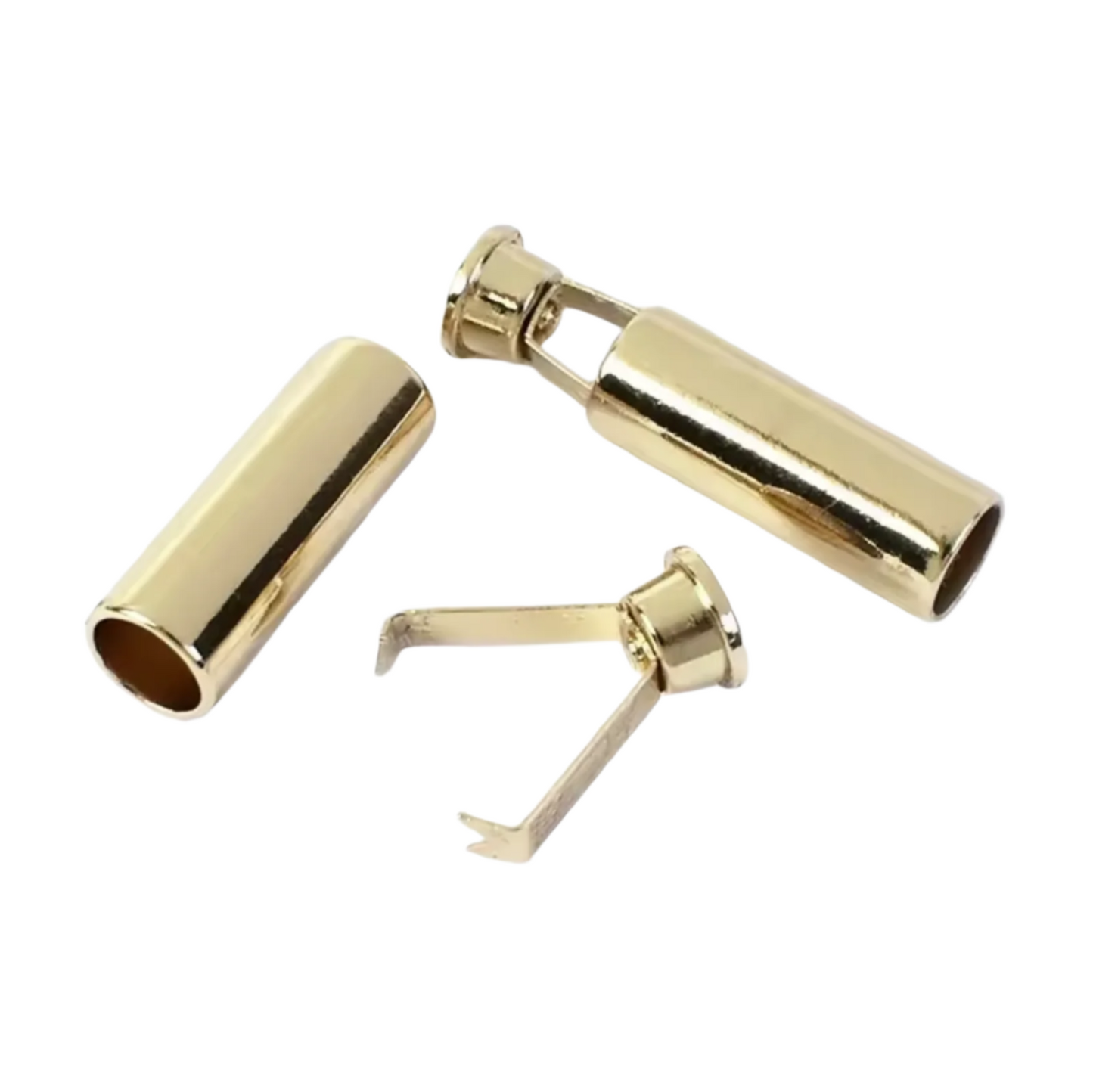 gold metallic string ends tube cylinder tipcs on a white background