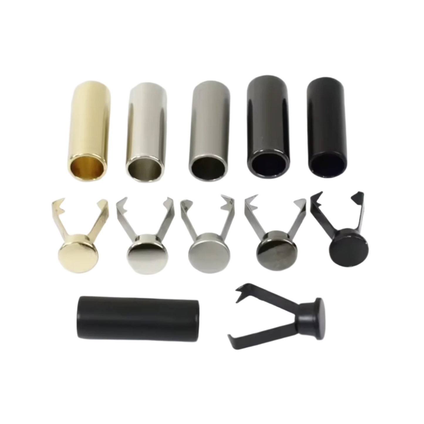 Set of Metallic string ends tips on a white background on a white background