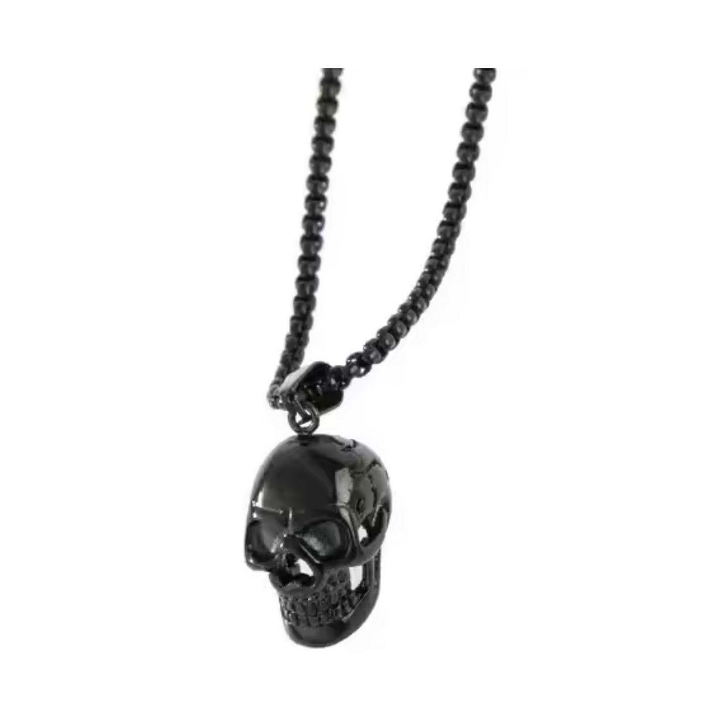 Black skull pendant on a chain against a white background