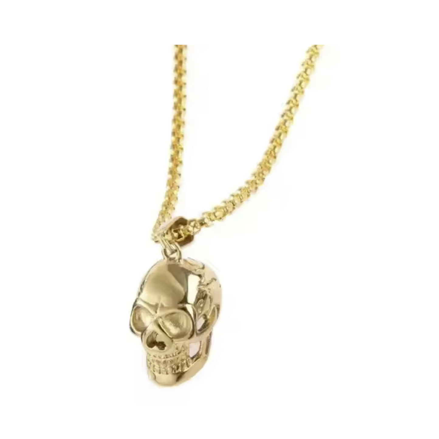 Gold skull pendant necklace on a white background