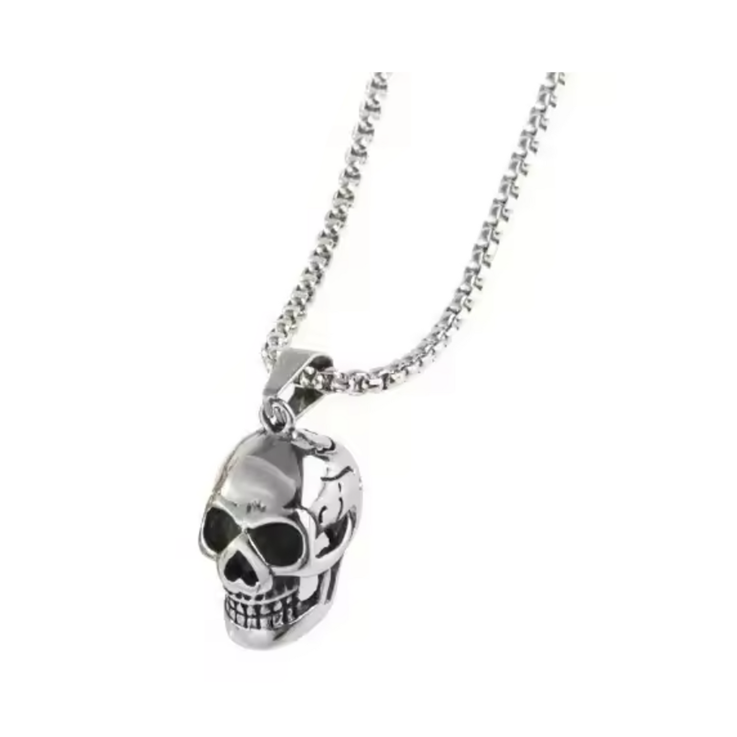 Silver skull pendant necklace on a white background