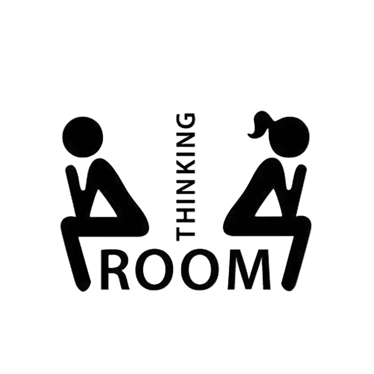 Black silhouette sticker of a man and woman sitting with 'Thinking Room' text on a white background