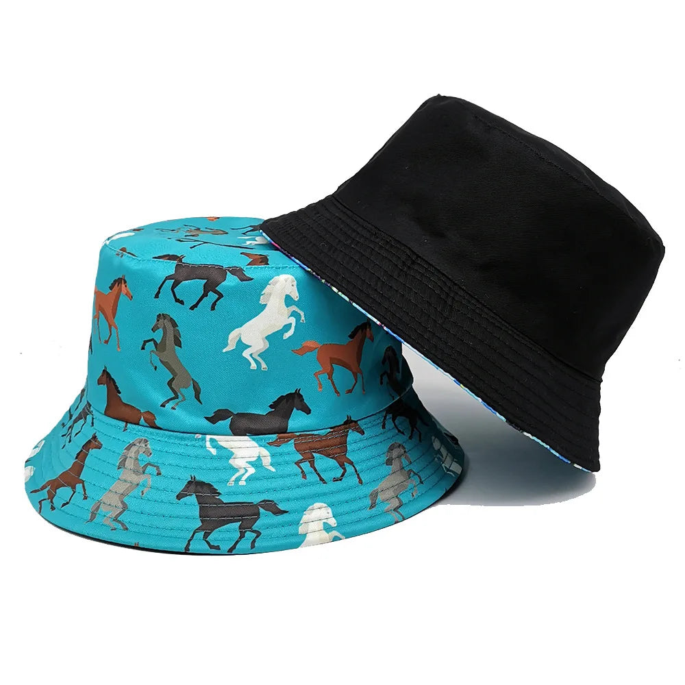 Women's Fashion Cartoon Horse Pattern Printed Fisherman Hat Outdoor Travel Sunshade Hat Men's Double Faced Wearable Bowl Hat