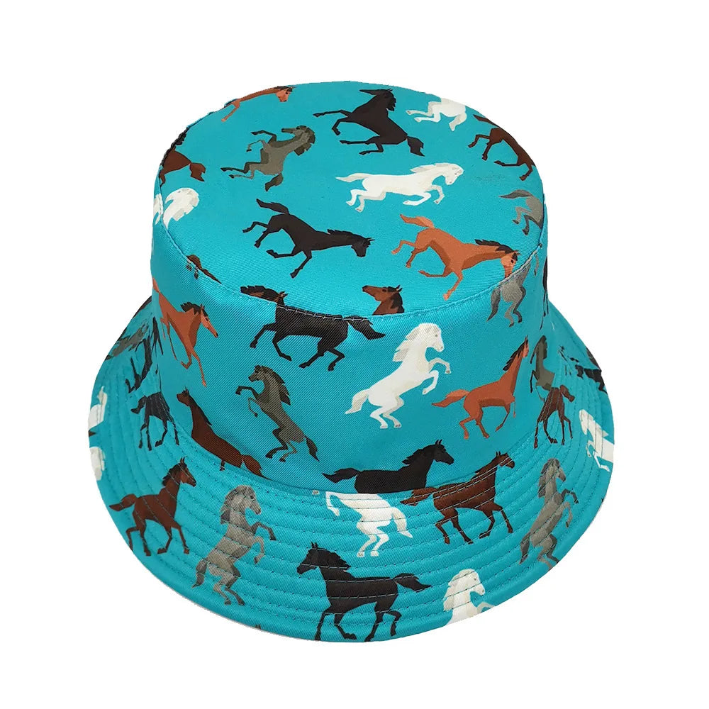 Horse Patterened Double Sided Bucket Hat Travel Sun Hat Bowl Hat for Men Women