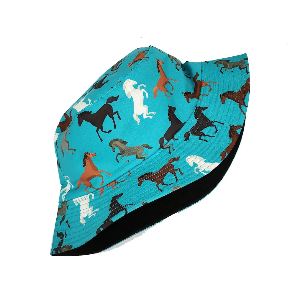 Horse Patterened Double Sided Bucket Hat Travel Sun Hat Bowl Hat for Men Women