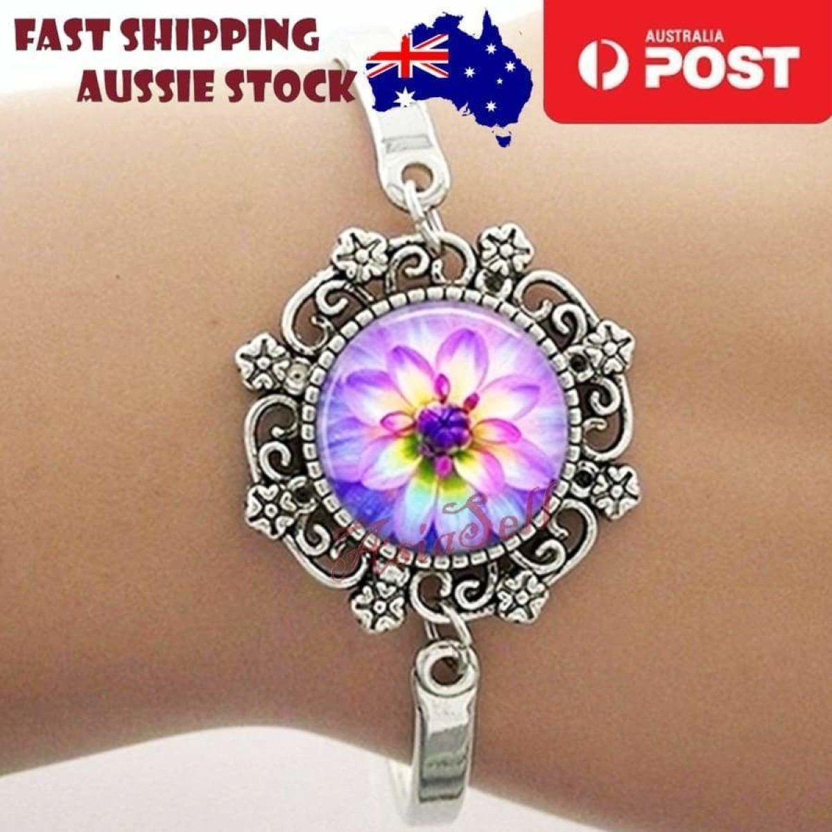 Bracelet Armband Glass Cabochon Size 16mm Women Kids Fashion Om Mandala - Flower Purple - Asia Sell