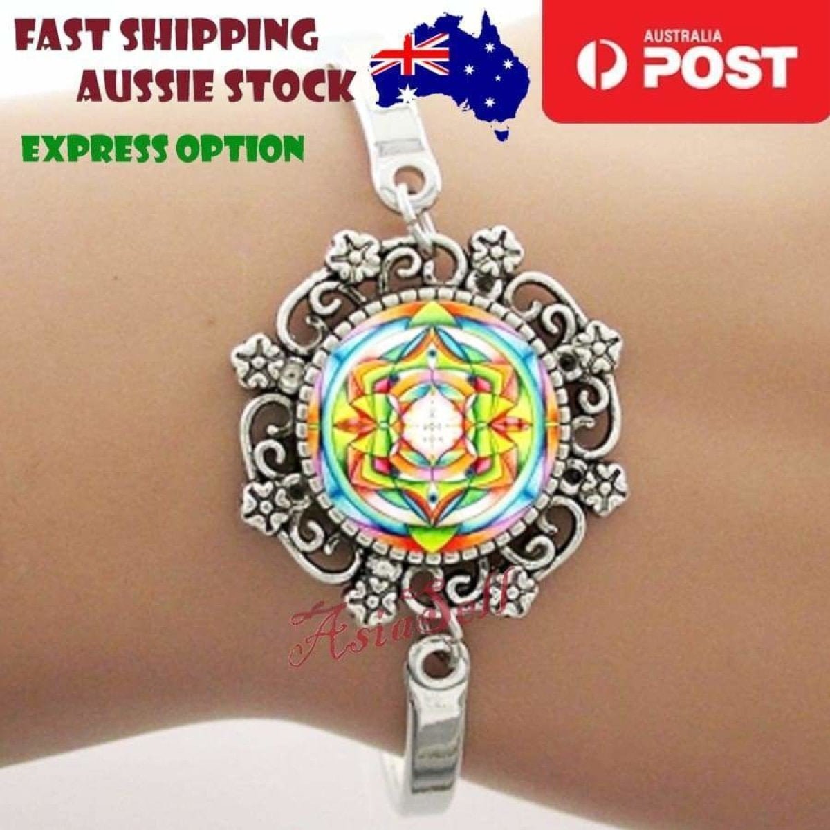 Bracelet Armband Glass Cabochon Size 16mm Women Kids Fashion Om Mandala - Geometric Green - Asia Sell