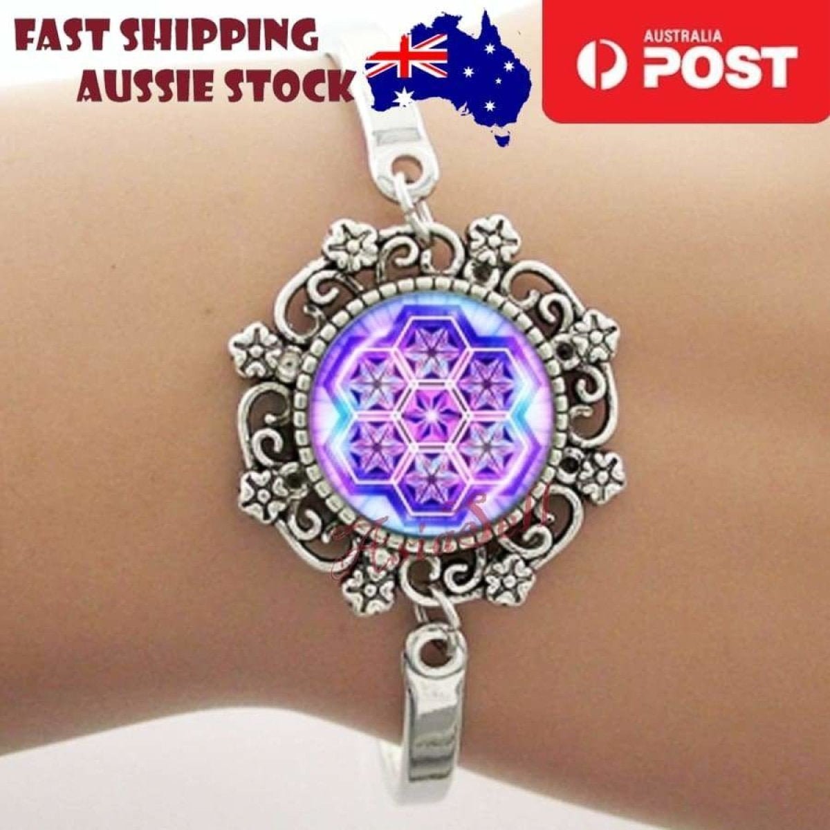 Bracelet Armband Glass Cabochon Size 16mm Women Kids Fashion Om Mandala - Geometric Purple - Asia Sell
