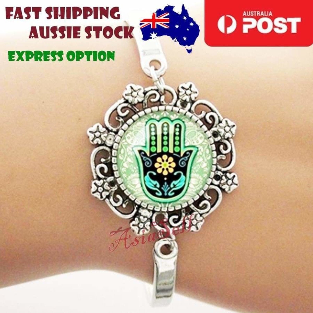 Bracelet Armband Glass Cabochon Size 16mm Women Kids Fashion Om Mandala - Hand Green - Asia Sell