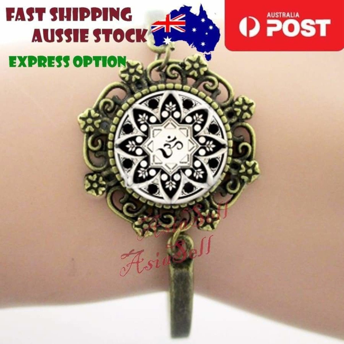 Bracelet Armband Glass Cabochon Size 16mm Women Kids Fashion Om Mandala - Om Black - Asia Sell