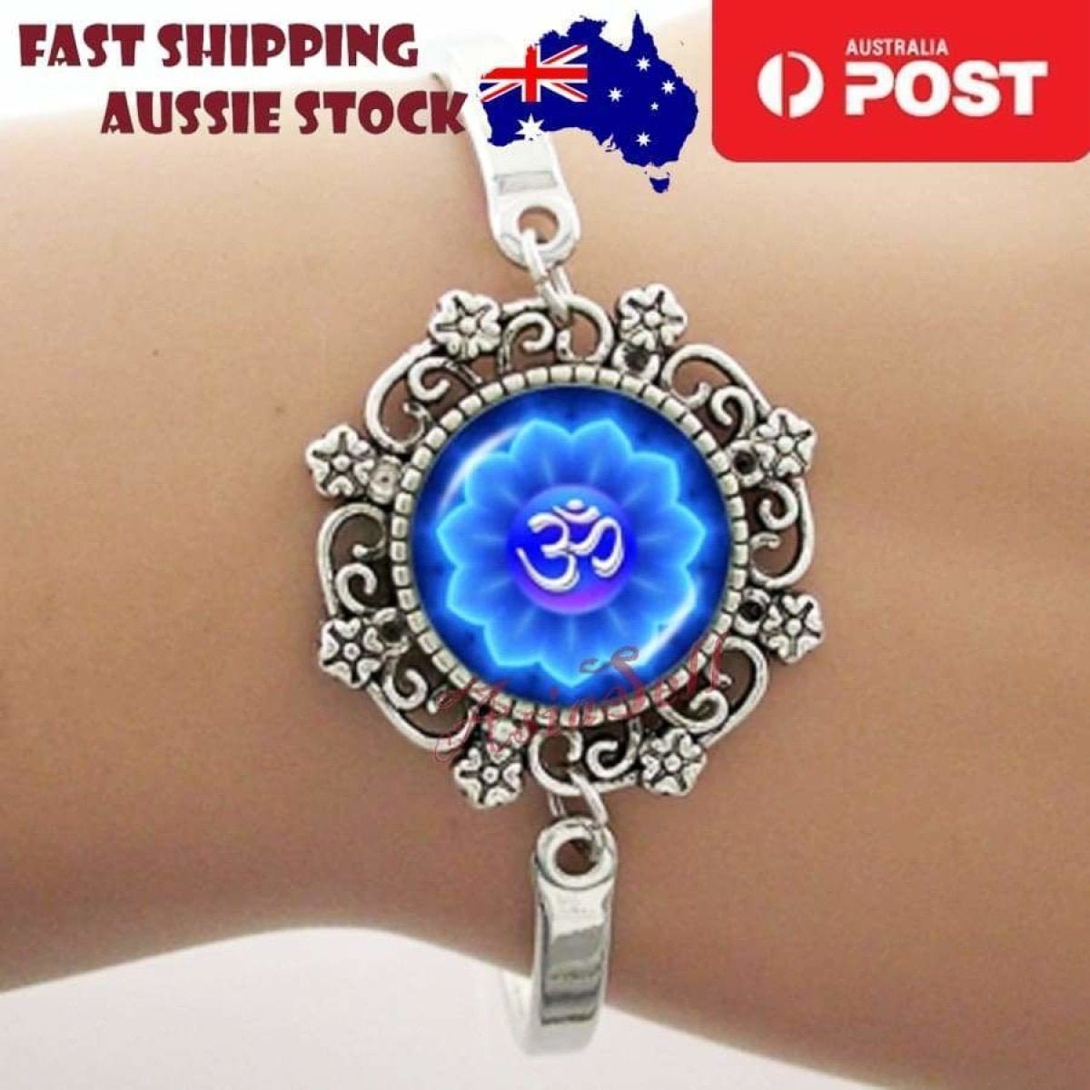 Bracelet Armband Glass Cabochon Size 16mm Women Kids Fashion Om Mandala - Om Blue - Asia Sell