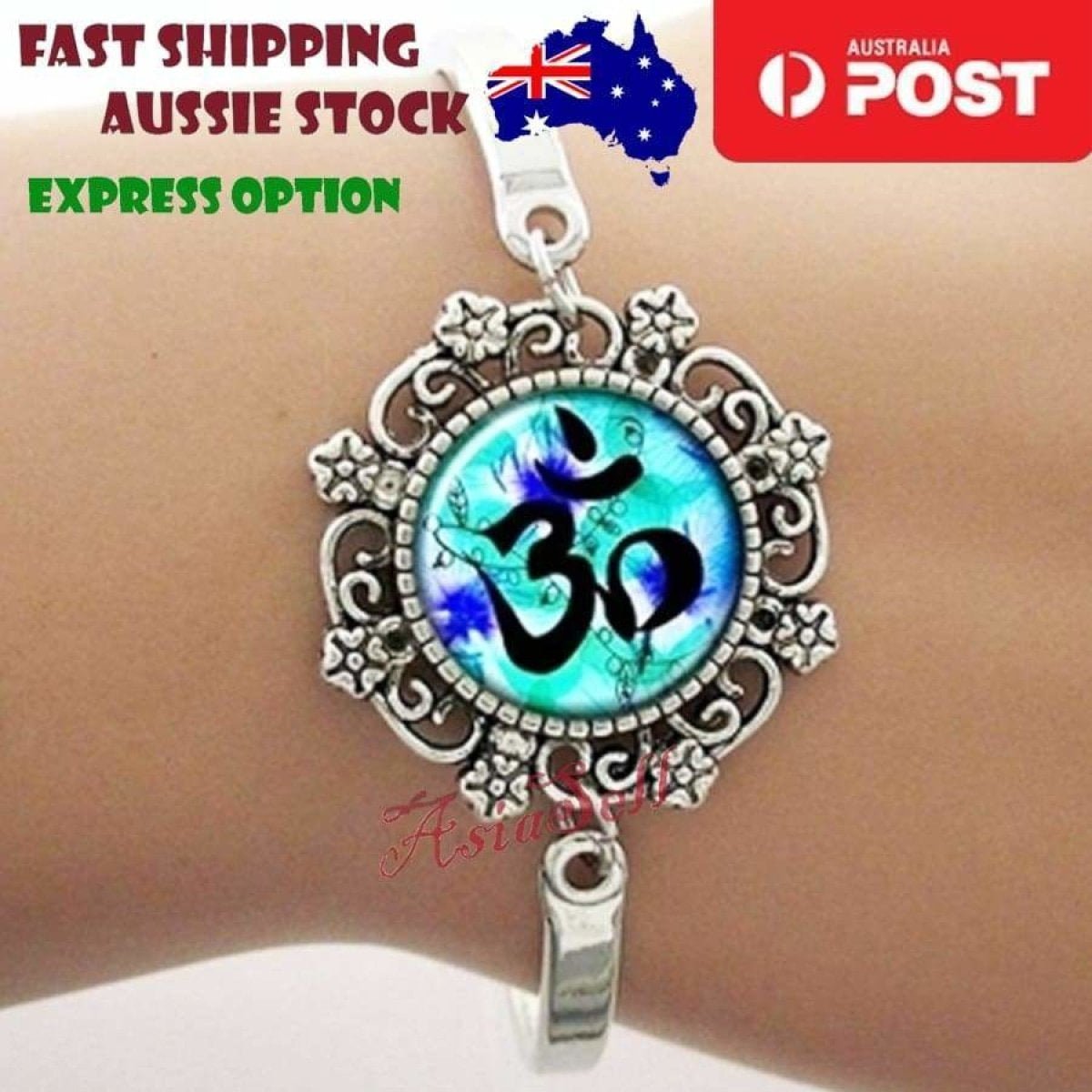 Bracelet Armband Glass Cabochon Size 16mm Women Kids Fashion Om Mandala - Om Blue Green - Asia Sell