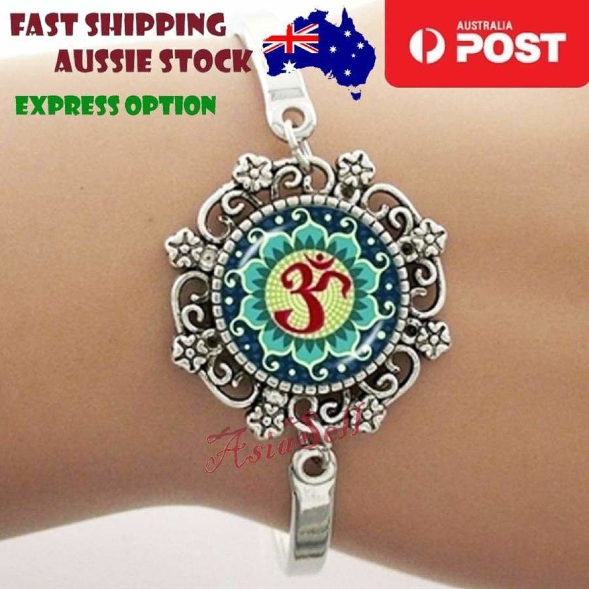 Bracelet Armband Glass Cabochon Size 16mm Women Kids Fashion Om Mandala - Om Green - Asia Sell