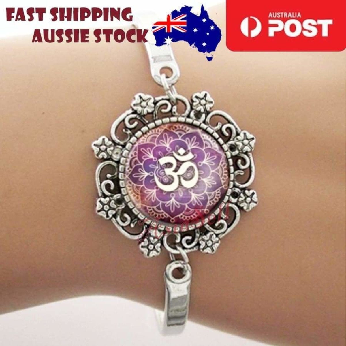 Bracelet Armband Glass Cabochon Size 16mm Women Kids Fashion Om Mandala - Om Purple - Asia Sell