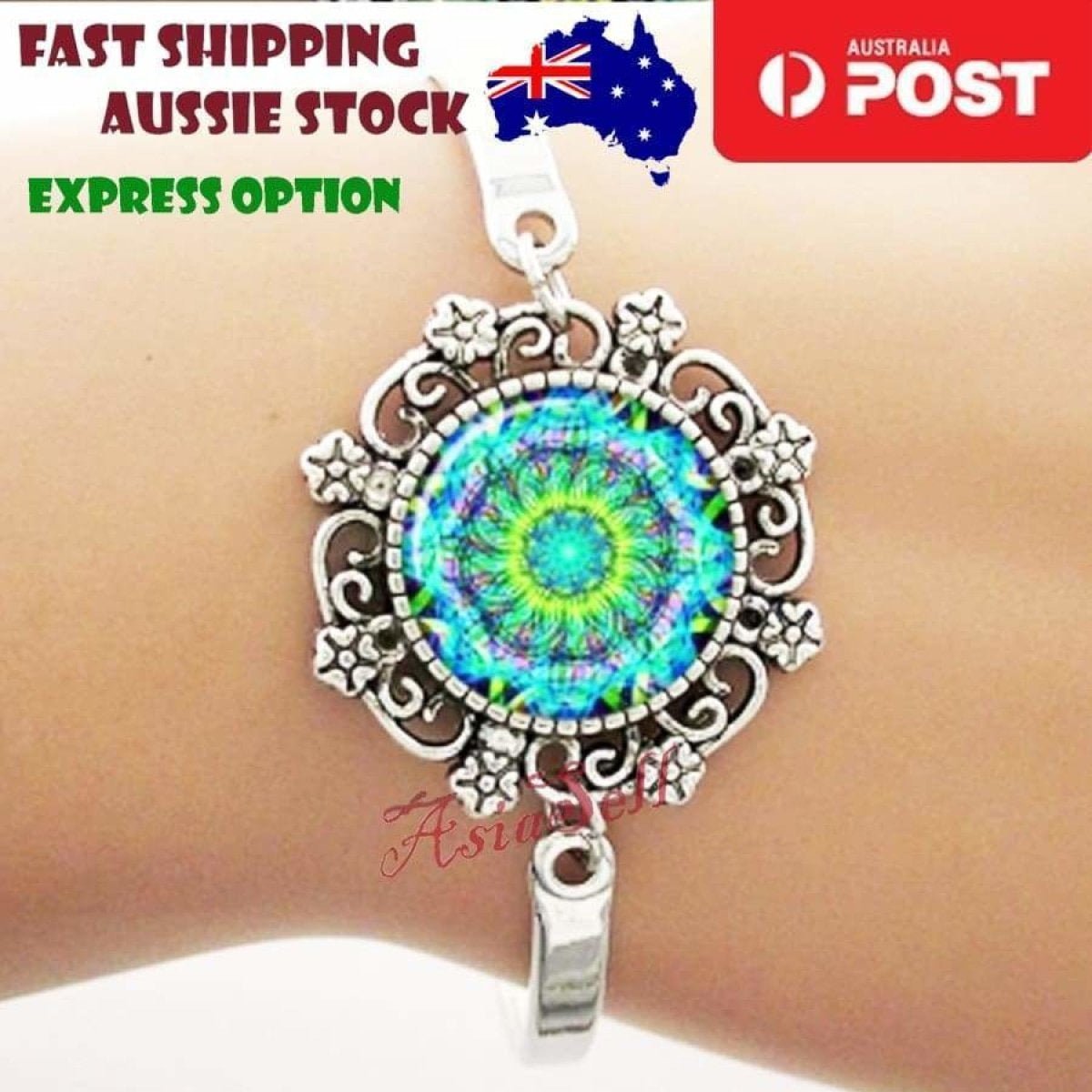 Bracelet Armband Glass Cabochon Size 16mm Women Kids Fashion Om Mandala - Pattern Green - Asia Sell