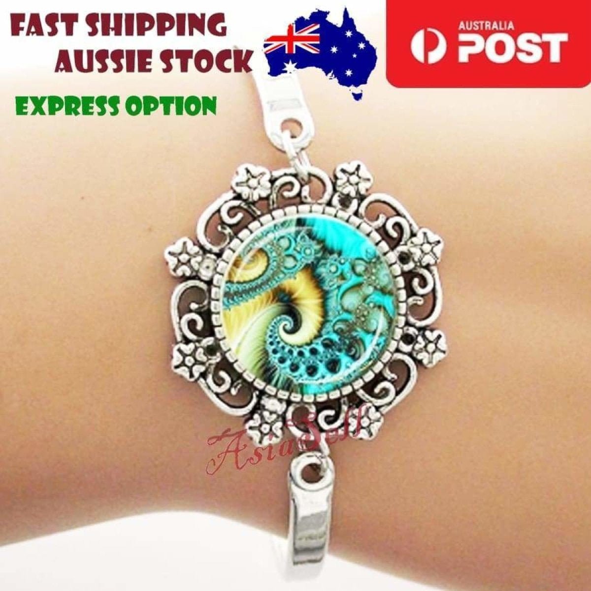 Bracelet Armband Glass Cabochon Size 16mm Women Kids Fashion Om Mandala - Spiral Green - Asia Sell