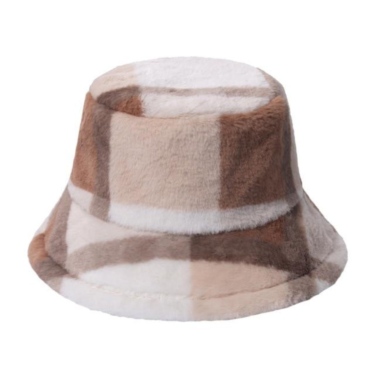 Bucket Hats Winter Soft Warm Adjustable Multicolour Rainbow Faux Fur Letter Pattern - Camel Plaid - Asia Sell