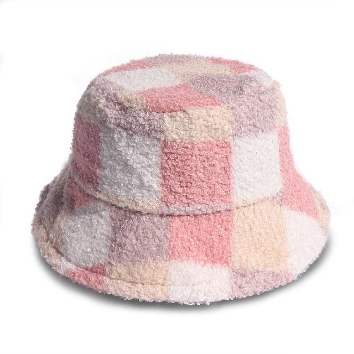 Bucket Hats Winter Soft Warm Adjustable Multicolour Rainbow Faux Fur Letter Pattern - Pink Plaid - Asia Sell