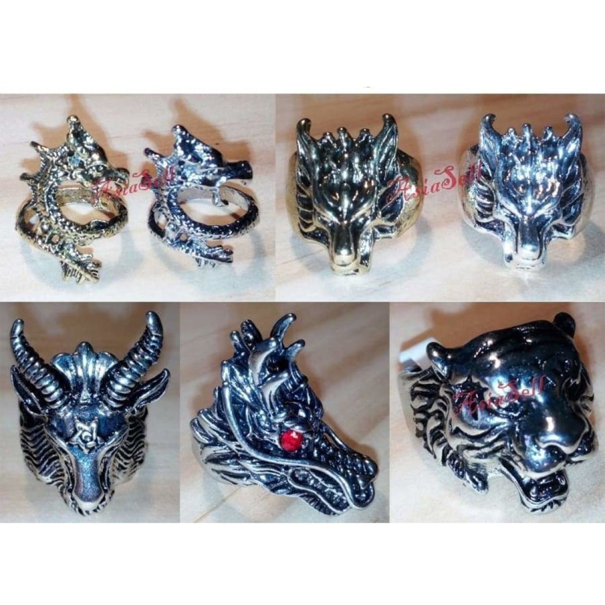 Dragon Goat Tiger Wolf Head Ring Devil Rings Black Silver Gold Colour Dragons Sheep - Type 1 Size 4.5 U.S. 48mm - Asia Sell