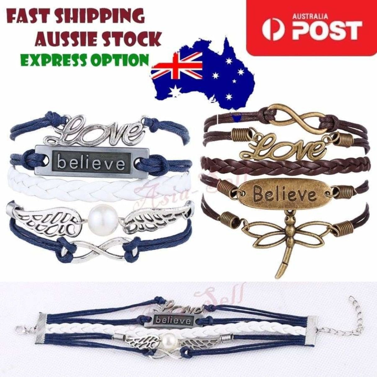 Dragonfly Love Believe Wings Infinity Leather Armband Rope Chain Bracelet Gift - Blue White & Silver Colour - Asia Sell