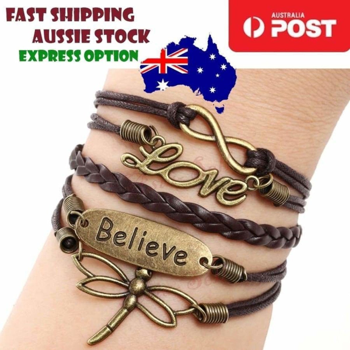 Dragonfly Love Believe Wings Infinity Leather Armband Rope Chain Bracelet Gift - Brown & Bronze Colour - Asia Sell