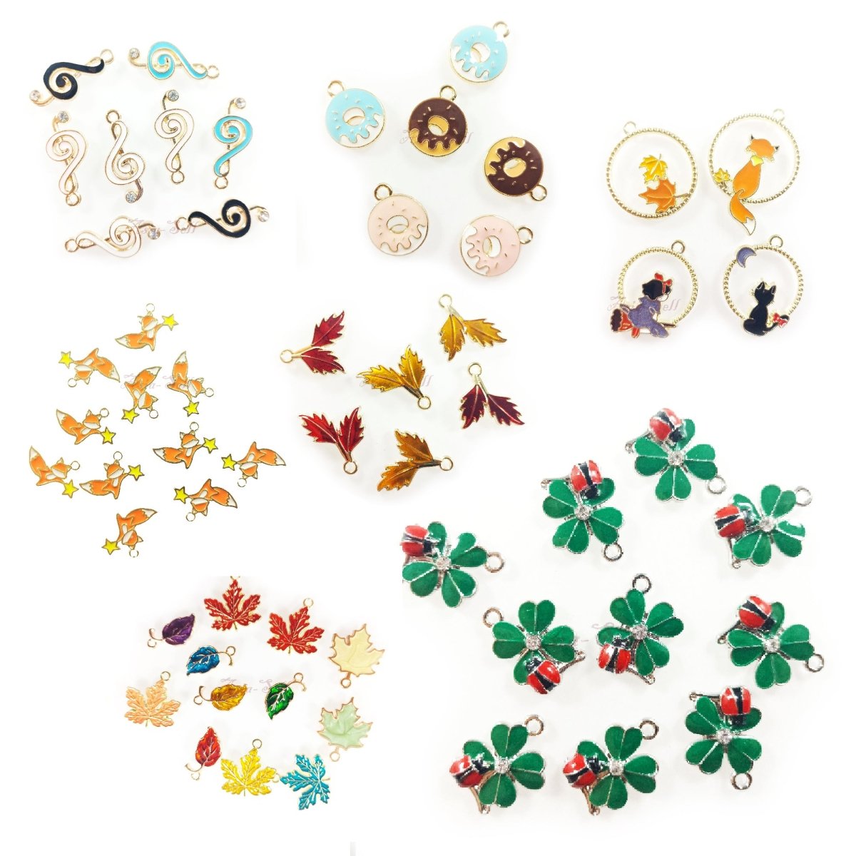 Enamel Pendant Leaf Fox Clover Cat Treble Clef Doughnut Loop Charms DIY Jewellery Making Bracelet Necklace - 10pcs 4-Leaf Clovers with Ladybug - Asia Sell
