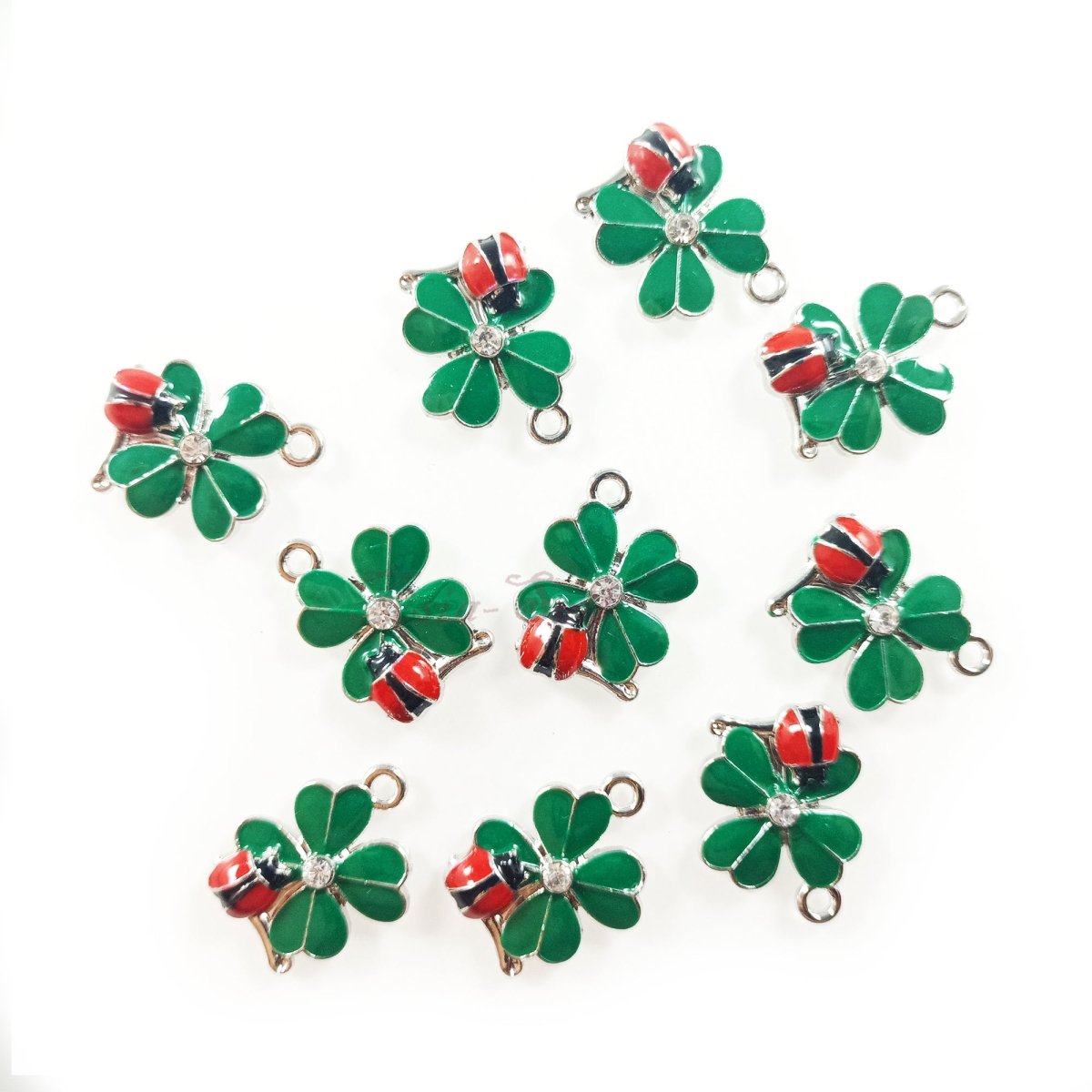 Enamel Pendant Leaf Fox Clover Cat Treble Clef Doughnut Loop Charms DIY Jewellery Making Bracelet Necklace - 10pcs 4-Leaf Clovers with Ladybug - Asia Sell