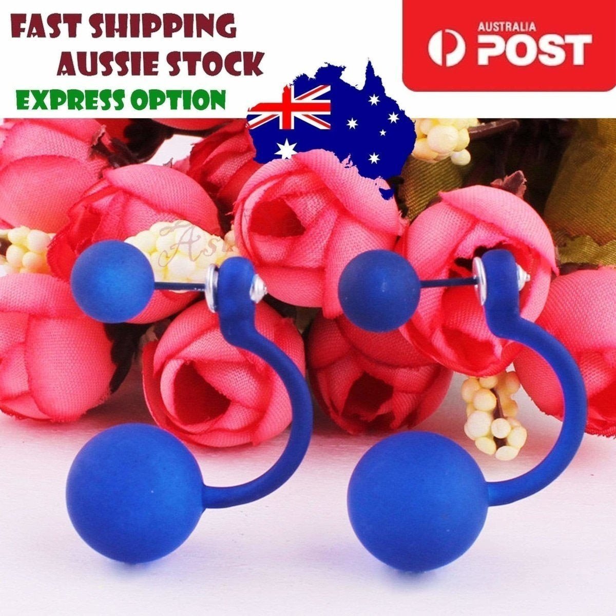 Fluorescent Colourful Bright Double Ball Earrings Double Sided Pearl Stud Bar - Blue - Asia Sell
