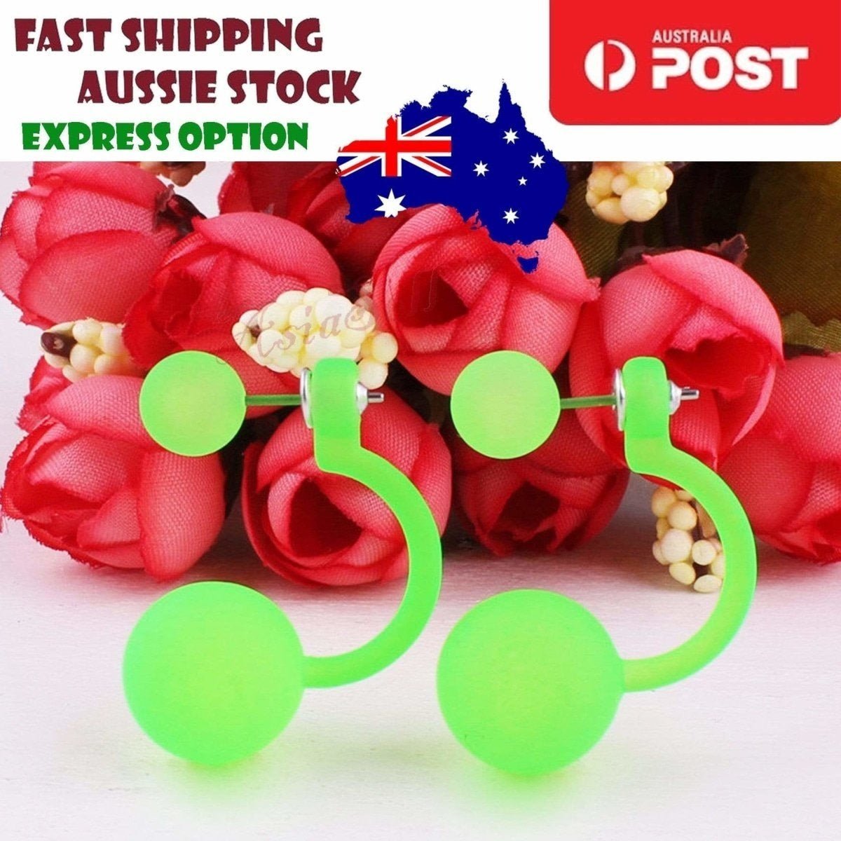 Fluorescent Colourful Bright Double Ball Earrings Double Sided Pearl Stud Bar - Green - Asia Sell