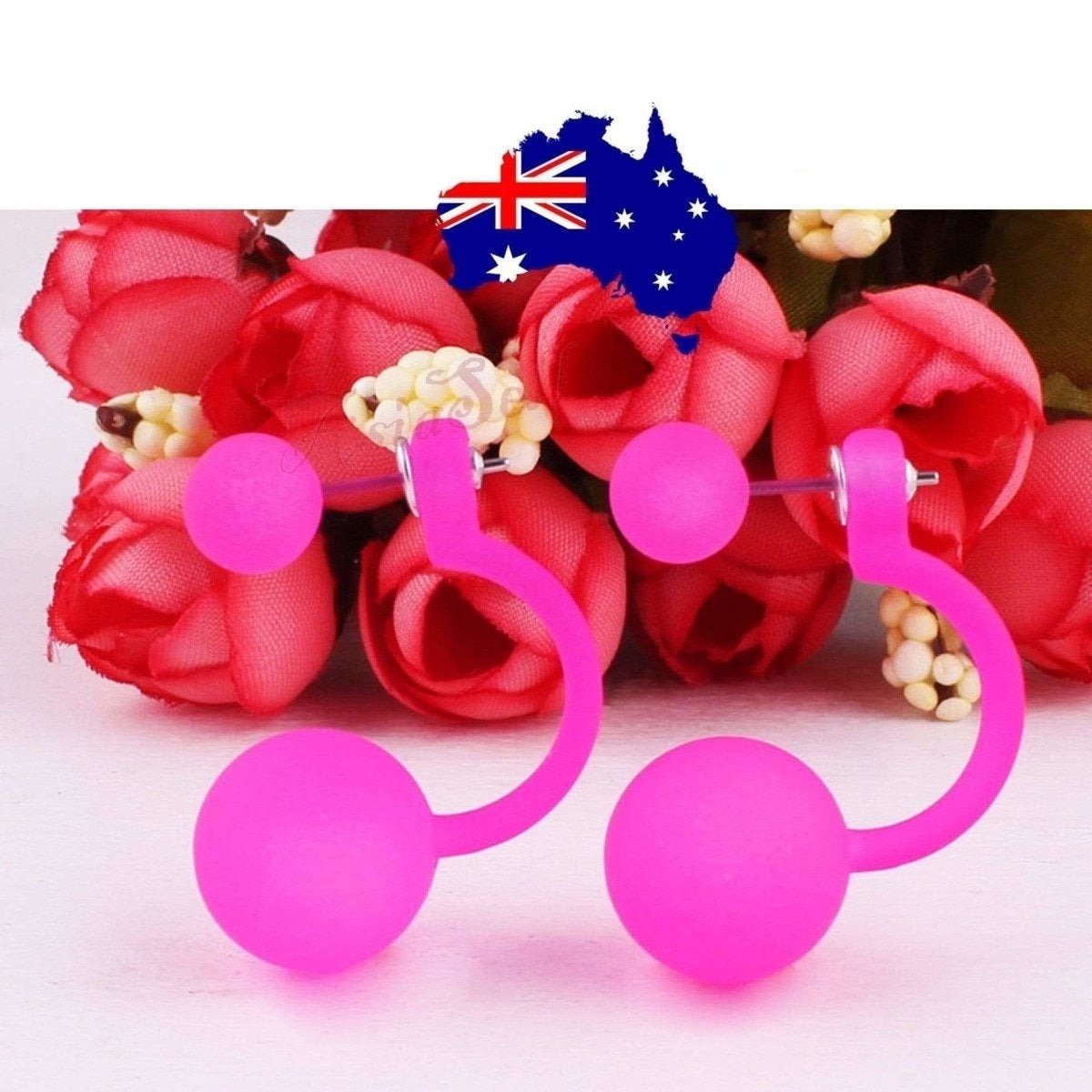 Fluorescent Colourful Bright Double Ball Earrings Double Sided Pearl Stud Bar - Pink - Asia Sell