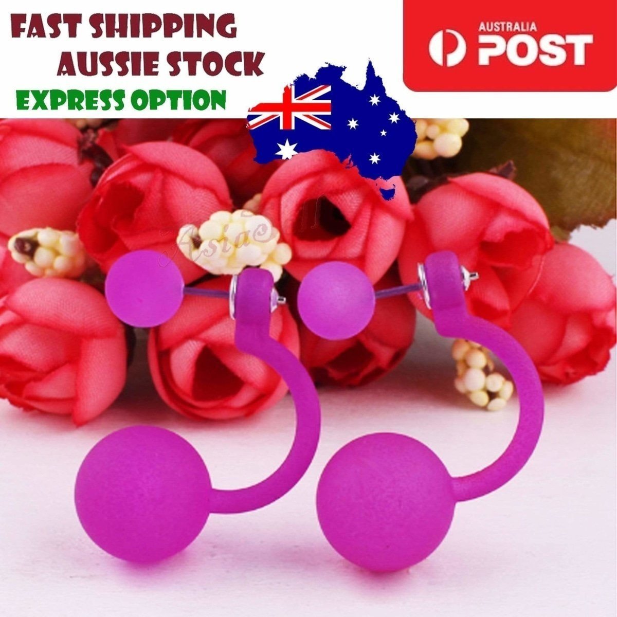 Fluorescent Colourful Bright Double Ball Earrings Double Sided Pearl Stud Bar - Purple - Asia Sell