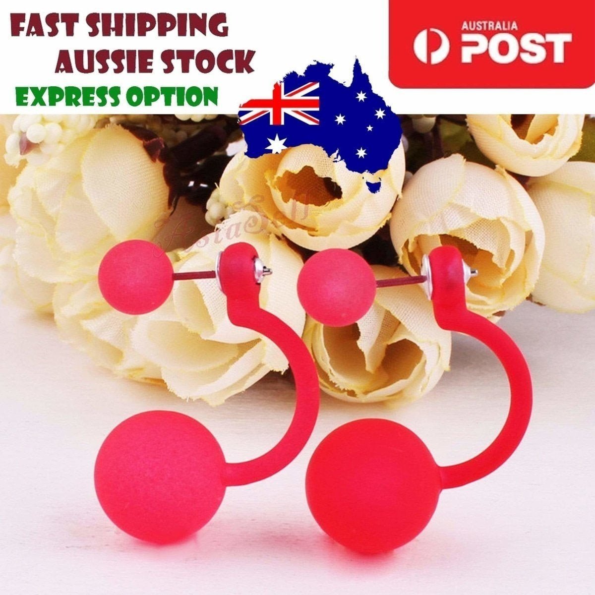 Fluorescent Colourful Bright Double Ball Earrings Double Sided Pearl Stud Bar - Red - Asia Sell