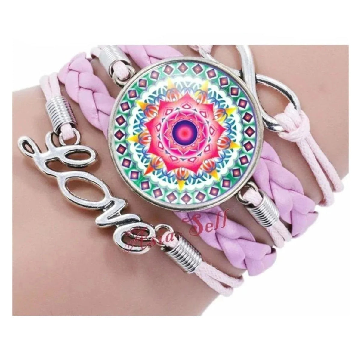 Glass Cabochon Leather Bracelet Love Bangle Infinity India Mandala Flower Pink - - Asia Sell