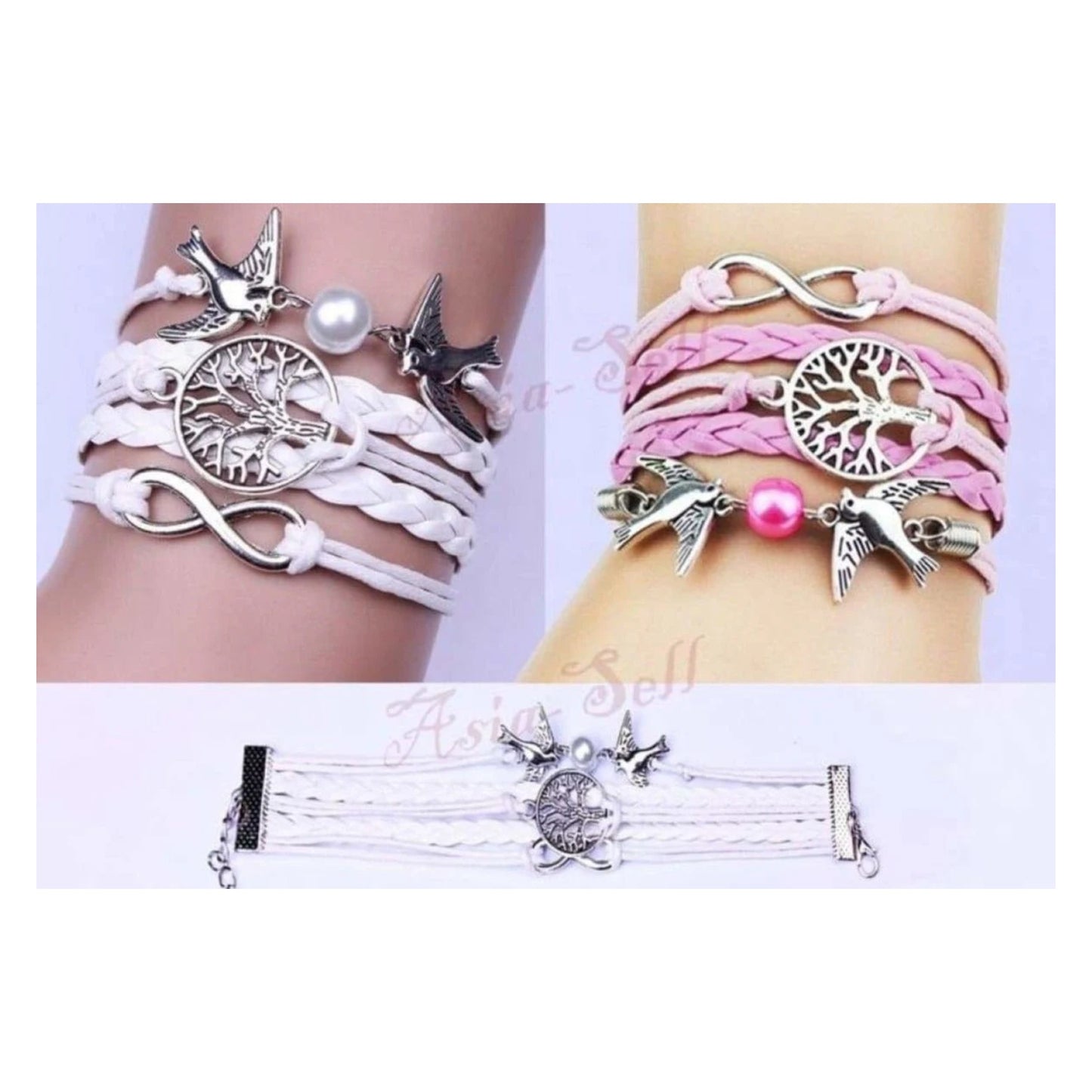 Handmade Tree Of Life Birds Infinity Leather Rope Chain Bracelet Gift - White - Asia Sell