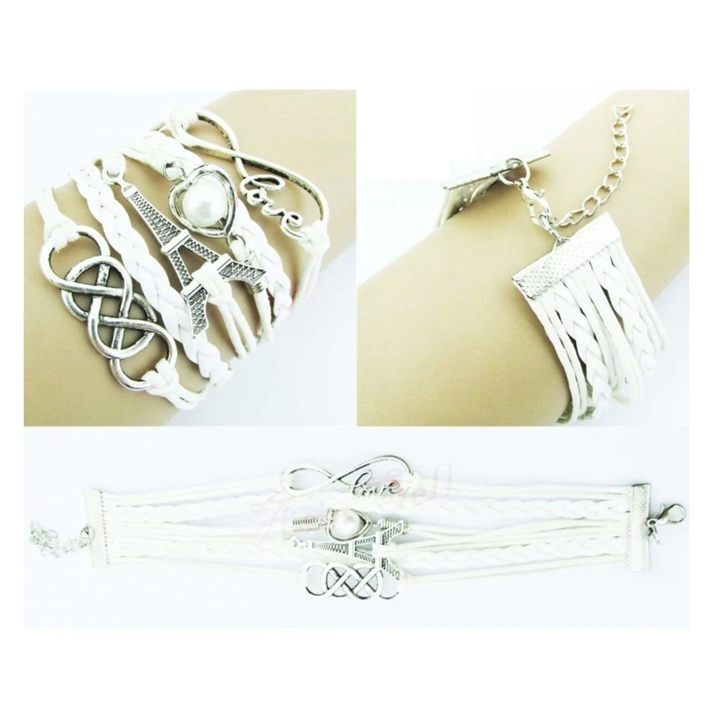 Infinity Love Heart Pearl Eiffel Tower Friendship Leather Charm Bracelet - - Asia Sell